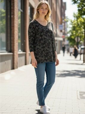 Susan Graver Floral Sparkle 3/4 Sleeve Tunic Top XL